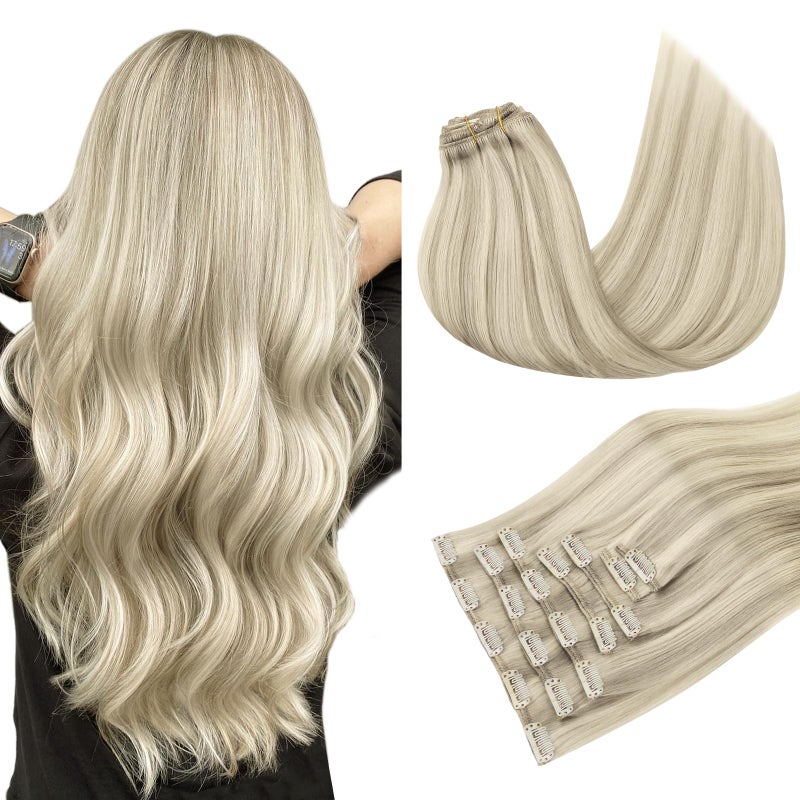Human Hair Clip in Extensions 7 pcs Ash Blonde Highlighted Platinum Blonde 120g 24 Inch MAXITA Long Real Hair Extensions Clip in Human Hair Remy Straight Hair Extensions for Woman